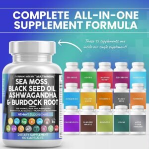 Clean Nutraceuticals Sea Moss Black Seed Oil Ashwagandha Turmeric Bladderwrack Burdock & Vitamin C Vitamin D3 with Elderberry Manuka Dandelion Yellow Dock Iodine Chlorophyll ACV - Image 3