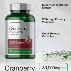 Horbäach Cranberry Concentrate Extract Pills + Vitamin C | 30,000mg | 120 Capsules | Triple Strength Ultimate Potency Formula | Non-GMO and Gluten Free Supplement - Image 5