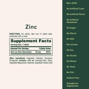 Nature's Bounty Zinc 50mg, Immune Support & Antioxidant Supplement, Promotes Skin Health, 1 Caplet Per Day, Gluten Free, 250 Vegetarian Caplets - Image 6