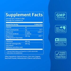 Supercalm Powdered Drink Mix, Raspberry Lemonade, L Theanine, Ksm-66 Ashwagandha, Magnesium Glycinate, Vitamin D 3, Supplements for Relaxation & Focus, No Sugar, Non GMO, On The Go, 20 Ct - Image 5