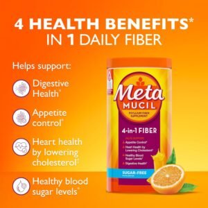 Metamucil 4-in-1 Daily Fiber Supplement, Psyllium Husk Powder for Digestive Health, Sugar-Free Fiber Supplement, Orange, Naturally Sourced Psyllium Husk Powder, 180 teaspoons - Image 4