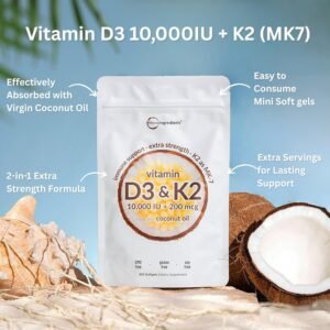 Micro Ingredients Vitamin D3 10,000 IU + K2 MK-7 200 mcg, 300 Softgels | Virgin Coconut Oil | 2-in-1 Bone, Immune & Heart Support | Easy to Swallow, Non-GMO - Image 3