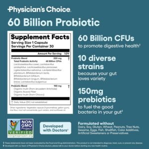 Physician's Choice Probiotics 60 Billion CFU - 10 Strains + Organic Prebiotics - Immune, Digestive & Gut Health - Supports Occasional Constipation, Diarrhea, Gas & Bloating - for Women & Men - 30ct - Image 7