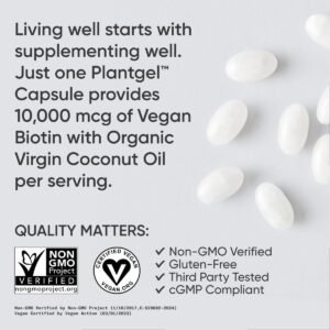 Sports Research® Biotin 10,000mcg with Organic Coconut Oil - Biotin (Vitamin B7) for Healthy Skin and Hair Support* - for Women and Men - Vegan, Non-GMO, Gluten & Soy-Free - 120 Veggie Softgels - Image 5
