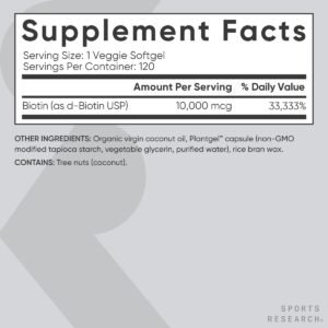 Sports Research® Biotin 10,000mcg with Organic Coconut Oil - Biotin (Vitamin B7) for Healthy Skin and Hair Support* - for Women and Men - Vegan, Non-GMO, Gluten & Soy-Free - 120 Veggie Softgels - Image 6