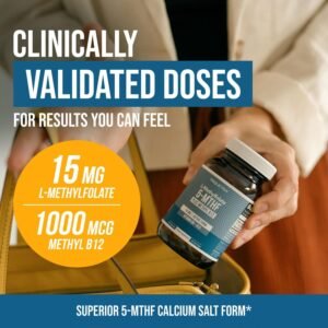 L Methyl Folate 15mg Plus Methyl B12 Cofactor – High Potency, Active 5-MTHF Form - Supports Mood, Methylation, Cognition – Bioactive Forms of Vitamin B9 & B12 (60 Capsules – 60 Servings) - Image 4