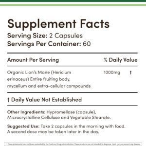Organic Lions Mane Mushroom Capsules (120 Count), for Brain Support and Immune Health, Third Party Tested and Grown in The USA - by Double Wood - Image 3