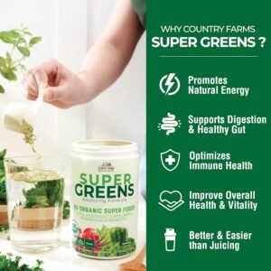 COUNTRY FARMS Organic Super Greens Natural Flavor, 50 Organic Super Foods, Packed with Fiber, USDA Organic Drink Mix, Fruits, Vegetables, Mushrooms & Probiotics, Supports Energy, 6g Fiber - Image 5