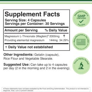 Magnesium L Threonate, Magtein™, Sleep and Cognitive Support – High Absorption – Most Bioavailable Form of Magnesium – 2,000 mg – 120 Capsules - Image 3