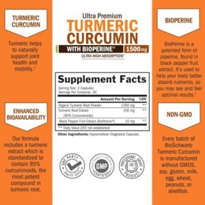 Turmeric Curcumin with Black Pepper Extract 1500mg - High Absorption Ultra Potent Turmeric Supplement with 95% Curcuminoids and BioPerine - Non GMO Tumeric Capsules for Joint Support - 90 Capsules - Image 4