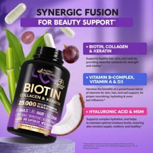 Biotin | Collagen | Keratin - Clinically Tested Supplement - Hair Growth Support, Skin & Nails - 25000 mcg Vitamins B2, B3, B6 & B7 + B1 & Hyaluronic Acid - Made in USA - Women & Men | 60 Capsules - Image 6
