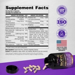 Biotin | Collagen | Keratin - Clinically Tested Supplement - Hair Growth Support, Skin & Nails - 25000 mcg Vitamins B2, B3, B6 & B7 + B1 & Hyaluronic Acid - Made in USA - Women & Men | 60 Capsules - Image 9